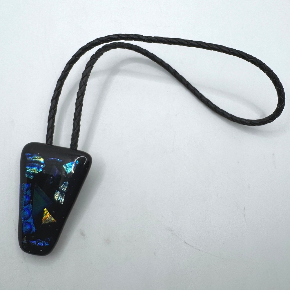 Vintage Dichroic Art Glass Bolo Tie Black Blue Iridescent Geometric Triangle